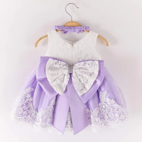 Vista 3 de Tutú formal con lazo de princesa, vestido de encaje y diadema para niñas de Pascua (morado, 0-3 meses)