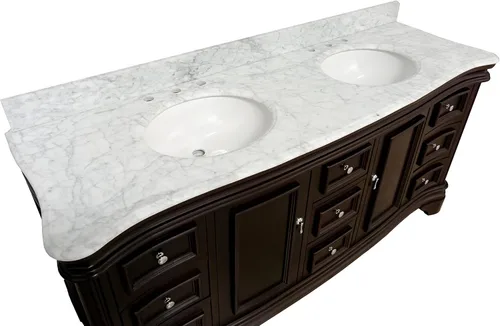Vista 7 de Kitchen Bath Collection Katherine - Tocador de baño doble de 72 pulgadas (chocolate/Carrara): incluye gabinete de chocolate con encimera de mármol