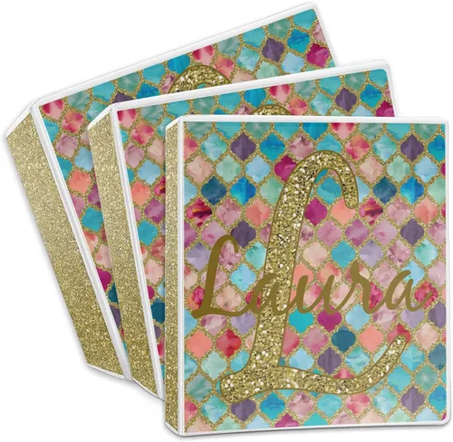 Vista 3 de Carpeta personalizada con 3 anillas de acuarela marroquí con purpurina - 2 pulgadas