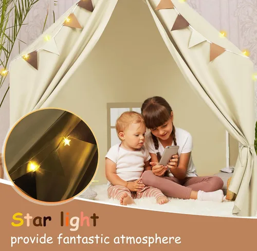 Vista 5 de Tienda de campaña para niños con tapete acolchado y luces LED en estrella para niñas y niños de 4-8-10 años, gran casa de juegos linda