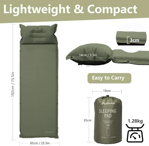 Vista 2 de BISINNA Colchoneta de dormir autoinflable, colchón de espuma gruesa con almohada para acampar, colchoneta de dormir aislada ligera para inflar