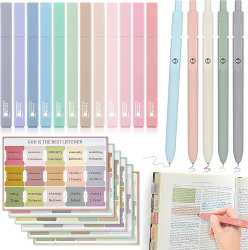 Vista 11 de DazSpirit 12 resaltadores de gel bíblico brillantes que no se corren y 5 bolígrafos con 90 pestañas laminadas de la Biblia, kit de diario bíblico