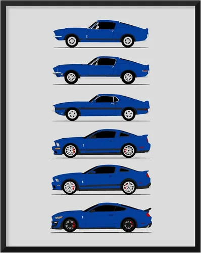 Vista 17 de Custom Car Posters Póster hecho a mano compatible con Shelby Mustang GT500 Generations e impresión de Ford Shelby GT500, azul con rayas blancas