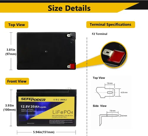 Vista 2 de SEFEPODER Batería de ciclo profundo LiFePO4 de litio de 12V 20Ah 2