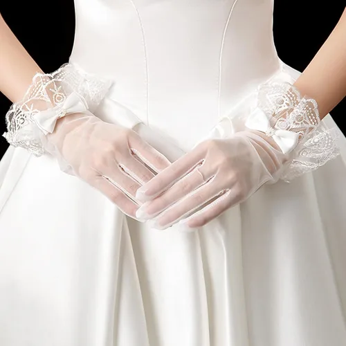 Vista 6 de R STAR - Guantes cortos de encaje floral, guantes de longitud de muñeca para mujer para boda (B), B