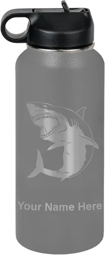 Vista 48 de LaserGram Botella de agua personalizada, gran tiburón blanco, acero inoxidable de doble pared aislada al vacío con popote superior, regalo grabado