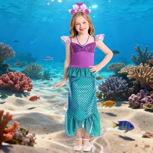 Vista 5 de ALIZIWAY Disfraz de sirena para niñas, Ariel, princesa, cumpleaños, Halloween, cosplay, con accesorios para peluca