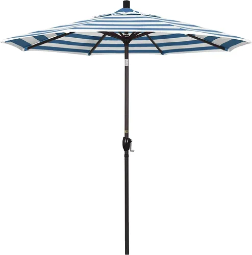 Vista 12 de California Umbrella Sombrilla redonda de aluminio de 7.5 pies, manivela elevadora, botón de inclinación, poste de bronce, Sunbrella Air Blue Azul