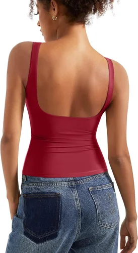 Vista 28 de SUUKSESS Camisetas sin mangas con respaldo abierto y cuello barco acolchado para mujer, con doble forro, camisas básicas Negro (Black Polka Dots)