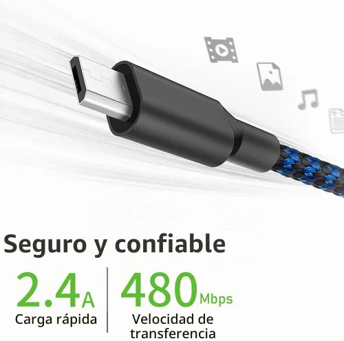 Vista 5 de Cable micro USB, 3 unidades, cargador Android de 10 pies, cable de carga Azul