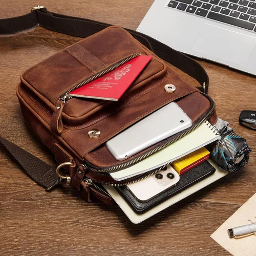 Vista 7 de gzcz Bolso bandolera de cuero para hombre, bolso de mensajero para hombres y mujeres, viajes al aire libre y negocios