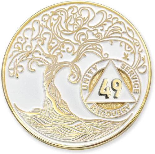 Vista 60 de 1 año Sobriety Mint Twisted Tree of Life Medallón de recuperación AA chapado en oro, chip/ficha - negro