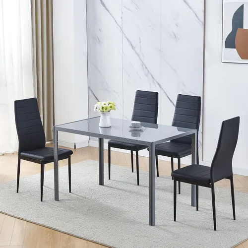 Vista 10 de Juego de 4 mesas de comedor y sillas negras modernas de 5 piezas para cocina pequeña, mesa rectangular de vidrio templado y 4 sillas de terciopelo