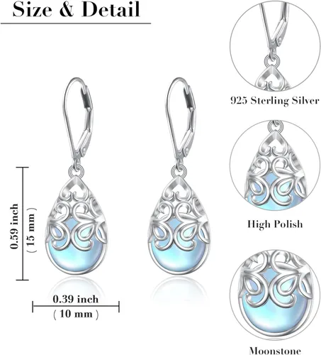 Vista 84 de Aretes colgantes de filigrana de plata de ley 925, margarita, loto, flor de rosa, piedra lunar, lágrima para mujer, nudo celta infinito, margarita
