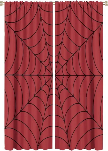 Vista 57 de Cortinas opacas de tela de araña aterradora para niños, tela de araña en blanco y negro, fondo rojo, dormitorio de niños, guardería, decoración