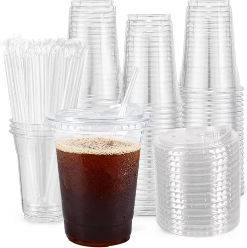 Vista 10 de Vasos de plástico desechables transparentes de 20 onzas con popotes y tapas para sorber, paquete de 50 vasos de plástico transparente, vasos