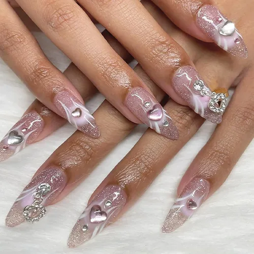 Vista 15 de Uñas postizas a presión con punta francesa, uñas postizas de almendra, cobertura completa, uñas artificiales brillantes, uñas acrílicas medianas