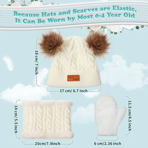 Vista 2 de 6 piezas de gorro de lana para bebé, gorro de lana torcido de invierno, doble pompón, guantes de punto, bufanda de bucle circular, 6 piezas