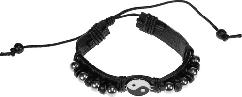 Vista 2 de BlueRica Yin Yang en pulsera de cuero negro y cordón, Sin gemas.