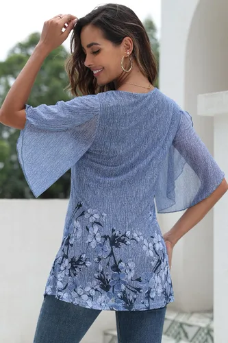 Vista 4 de Ninedaily Blusas de manga 34 para mujer, estilo casual, de doble capa, de malla, tipo túnica