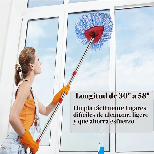 Vista 6 de Mango de repuesto para trapeador giratorio, barra de repuesto de trapeador de 4 secciones de 30 a 58 pulgadas y base compatible con mango de Rojo