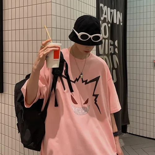 Vista 2 de Y2K Grunge - Camiseta de gran tamaño para hombre con estampado de dibujos animados de verano, sudadera indie, gótica Harajuku Emo Streetwear