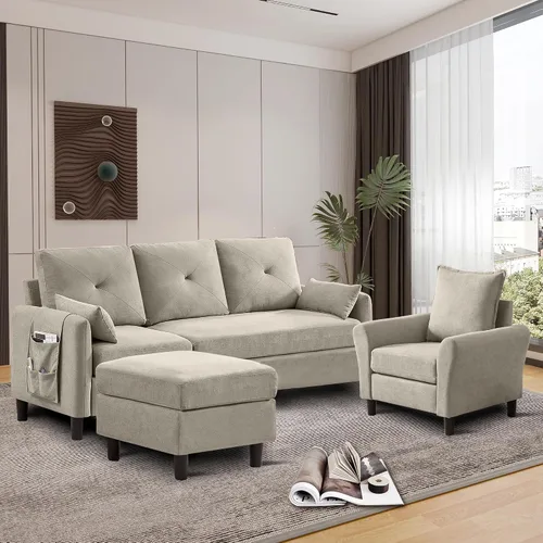 Vista 6 de Sofá Seccional Convertible, Sofá Pequeño en Forma de L de 77 pulgadas, Sofá de 3 Asientos con Chaise de Almacenamiento Reversible y Conjunto