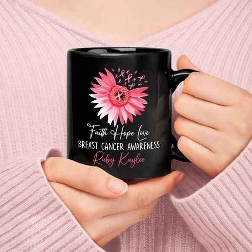 Vista 5 de Taza de café negra personalizada para el cáncer de mama, taza de viaje de concientización sobre el cáncer de mama, taza de café de cerámica