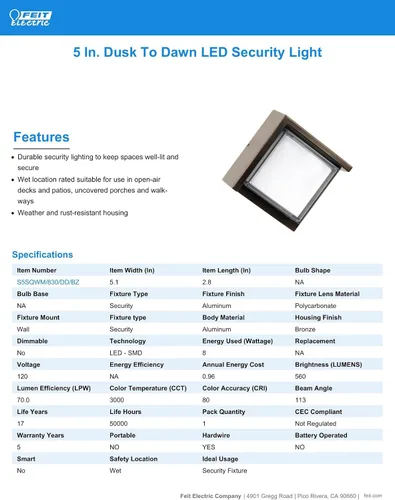 Vista 5 de Feit Electric S5sqwm/830/Ddbz 7.5 vatios 500 lúmenes 3000 Kelvin bronce atardecer a amanecer cuadrado llevó la luz de pared 3000K Blanco Cálido