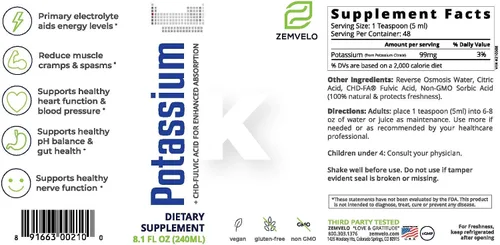 Vista 2 de Suplemento iónico líquido de citrato de potasio Electrolito de potasio Apoya un corazón saludable Equilibrio de pH intestinal saludable