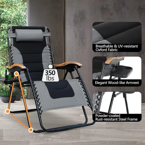 Vista 3 de PHI VILLA Silla XL de gravedad cero de gran tamaño, acolchada, reclinable, de gran tamaño, con soporte para tazas, soporta 350 libras (gris)
