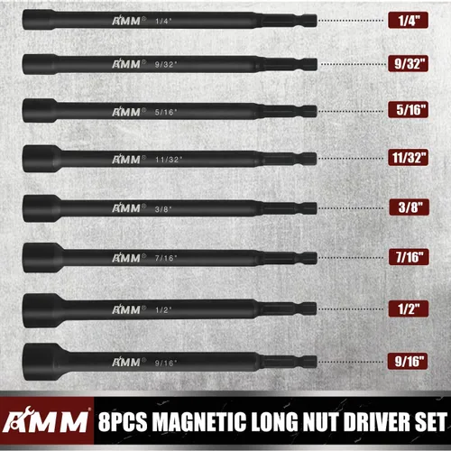 Vista 2 de AMM Juego de 8 destornilladores de tuerca magnéticos SAE para taladro de impacto, destornilladores de tuerca largos de 6 pulgadas (1/4" - 9/16")