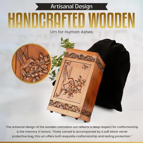 Vista 3 de Urna de cremación grande de madera para cenizas humanas para adultos, colibrí hecha a mano y grabado floral, urna funeraria para madre, padre