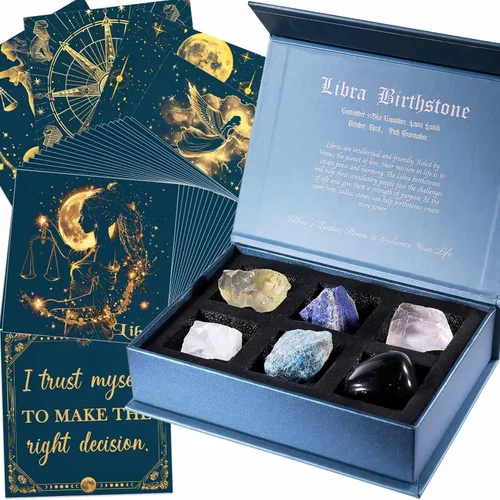 Vista 17 de Faivykyd Regalo de cristales de acuario para mujer, 6 piedras del zodiaco de acuario con 50 tarjetas de afirmación de mantras milagrosos, regalos