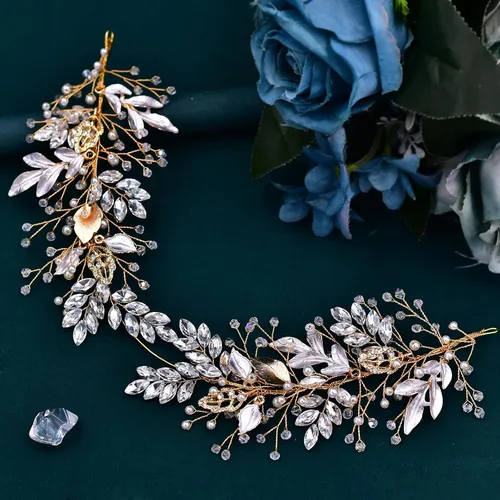 Vista 5 de HONGMEI Tocado de novia para boda, accesorios para el cabello, para novias, diadema de boda con diamantes de imitación para mujeres y niñas (dorado)