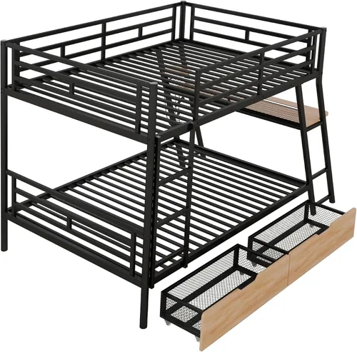 Vista 9 de Litera de metal de tamaño matrimonial sobre tamaño matrimonial con escritorio integrado, litera de estilo moderno con marco de acero resistente