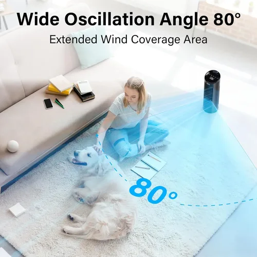 Vista 11 de JRD Ventilador de torre de 13 pulgadas para dormitorio, ventilador de escritorio silencioso con control remoto, oscilación de 80°, 3 velocidades, 4