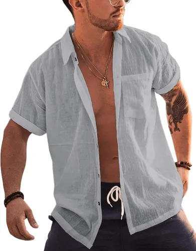 Vista 6 de Bbalizko - Camisas de manga corta para hombre con botones, de lino y algodón, para la playa, con cuello abierto, lisas, de verano, con bolsillo