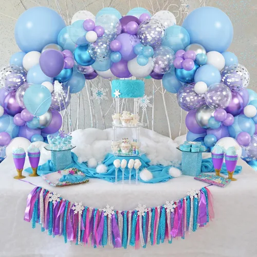Vista 4 de Kit de arco de globos Dagelar azul morado, guirnalda de globos de cumpleaños de copo de nieve con globo de confeti plateado, globos de tema invernal