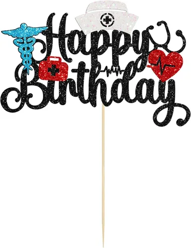 Vista 3 de Gyufise Decoración para tartas de cumpleaños con purpurina para enfermera, decoración para tartas médicas, temática de enfermería, fiesta
