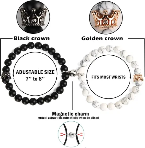 Vista 2 de Pulseras magnéticas para parejas con diseño de corona de rey y reina, pulseras con cuentas de 8 mm.
