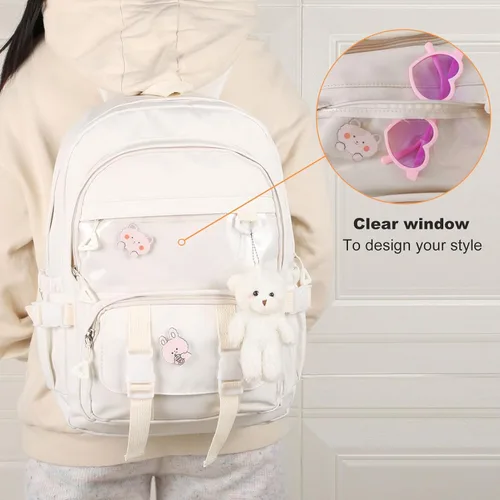 Vista 3 de Phaoullzon Mochila Kawaii para niñas, mochila escolar linda de anime con alfileres y colgante, Beige, Mediana, Moderno