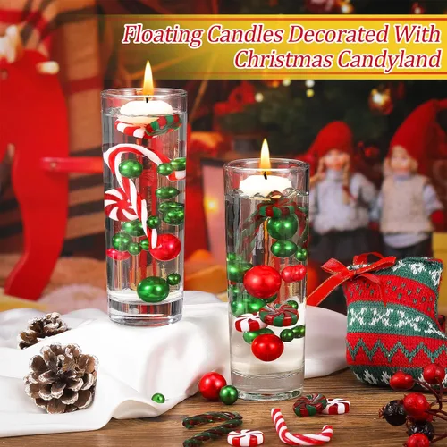 Vista 4 de 124 piezas de perlas de relleno de jarrón de Navidad para relleno de florero, decoración de mesa de Navidad, centro de mesa con 8 velas flotantes