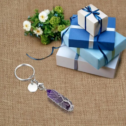 Vista 6 de GEHECRST Llavero de cristal envuelto en alambre con piedra de cristal curativo, llavero de piedra preciosa para regalo de mujer