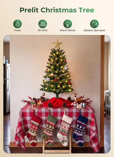 Vista 3 de Árbol de Navidad artificial pequeño de 3 pies, mini árbol de mesa Pequeño árbol de Navidad con luces, funciona con pilas, base estable, decoración