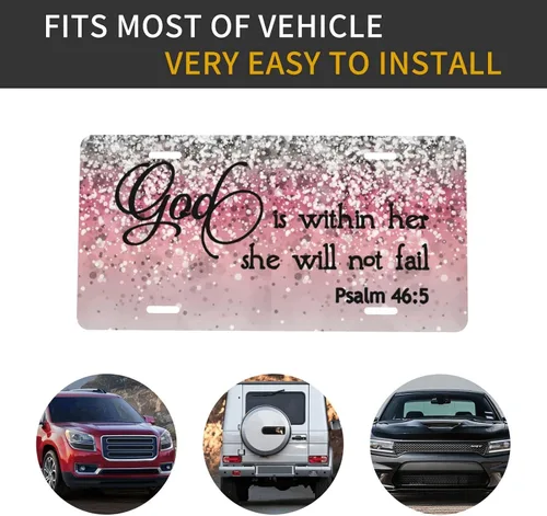 Vista 4 de Placa de matrícula delantera personalizada de aluminio con versículo bíblico Salmo 46:5 "Dios está en ella, no fallará" con destellos rosa