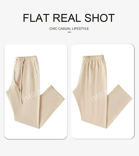 Vista 4 de JMIERR Pantalones casuales de lino para hombre, ajuste holgado, piernas rectas, cintura elástica, pantalones de verano, playa, yoga
