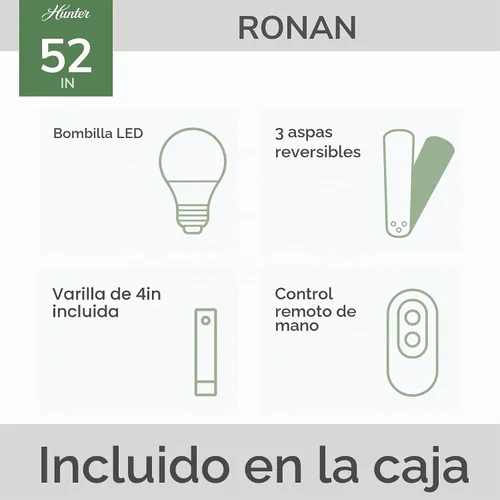 Vista 3 de Hunter Ronan - Ventilador de techo para interiores, 52 pulgadas, blanco
