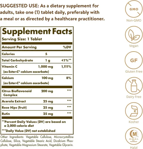 Vista 2 de Solgar Ester-C Plus vitamina C (complejo de ascorbato Ester-C) tabletas de 1000 mg , 033984010512, 60, 1, 1