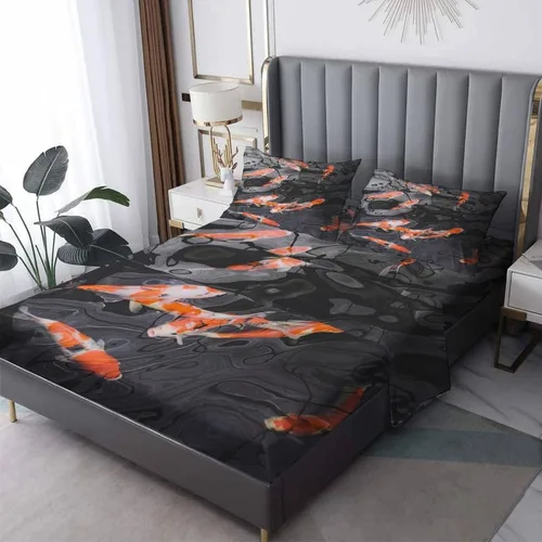 Vista 9 de Goldfish Sábanas tamaño individual, sábanas de cama de peces, microfibra suave, bolsillo profundo, sábanas y fundas de almohada estampadas sin